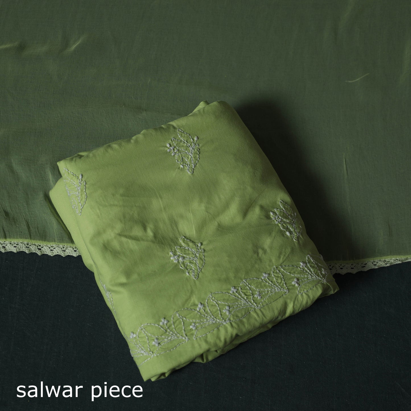 Green - Lucknowi Chikankari Hand Embroidered Cotton 3pc Unstitched Dress Material Suit Set 40