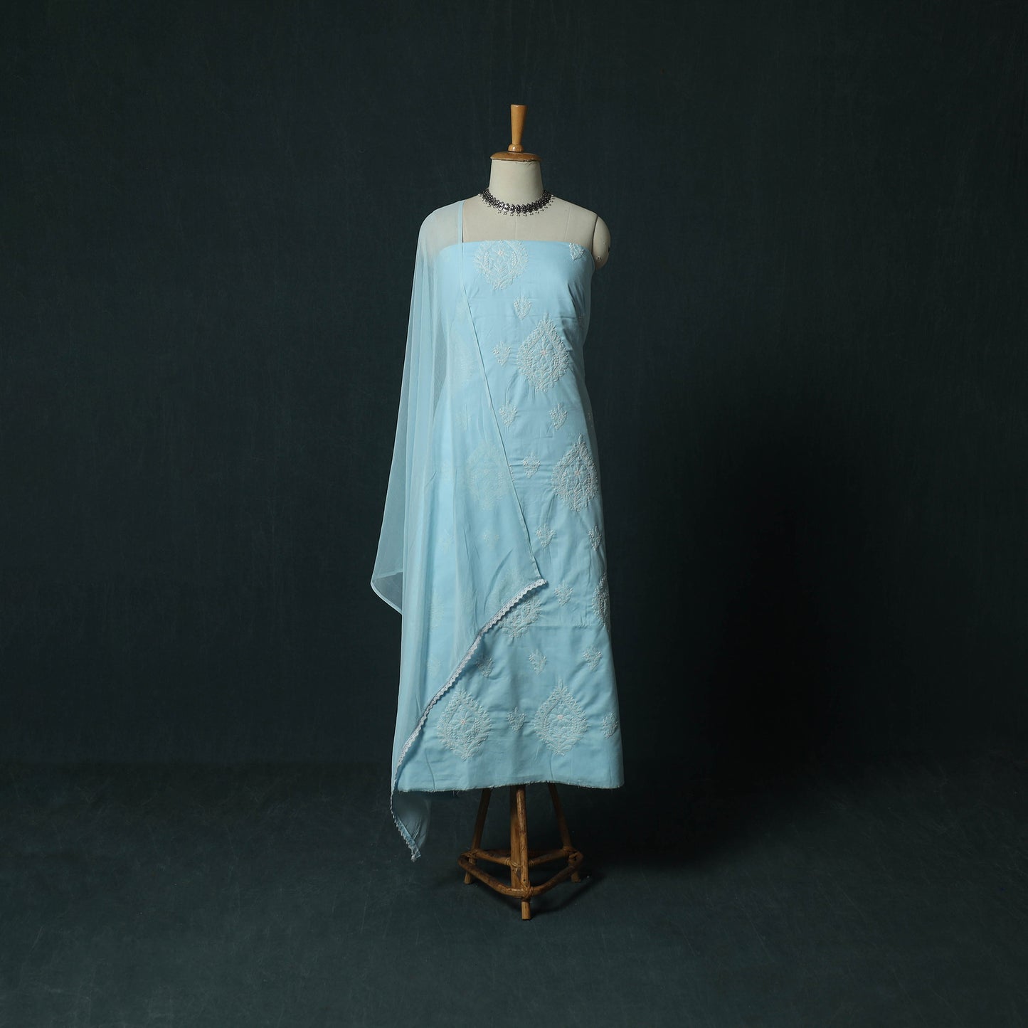 Blue - Lucknowi Chikankari Hand Embroidered Cotton 3pc Unstitched Dress Material Suit Set 42