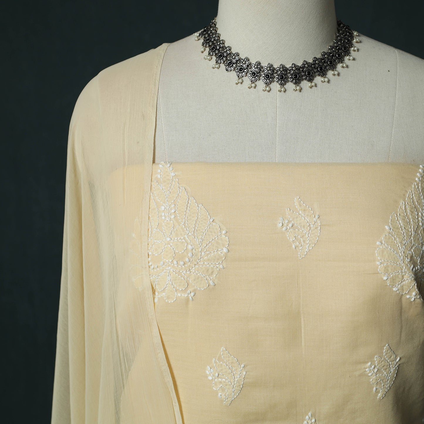 Beige - Lucknowi Chikankari Hand Embroidered Cotton 3pc Unstitched Dress Material Suit Set 43