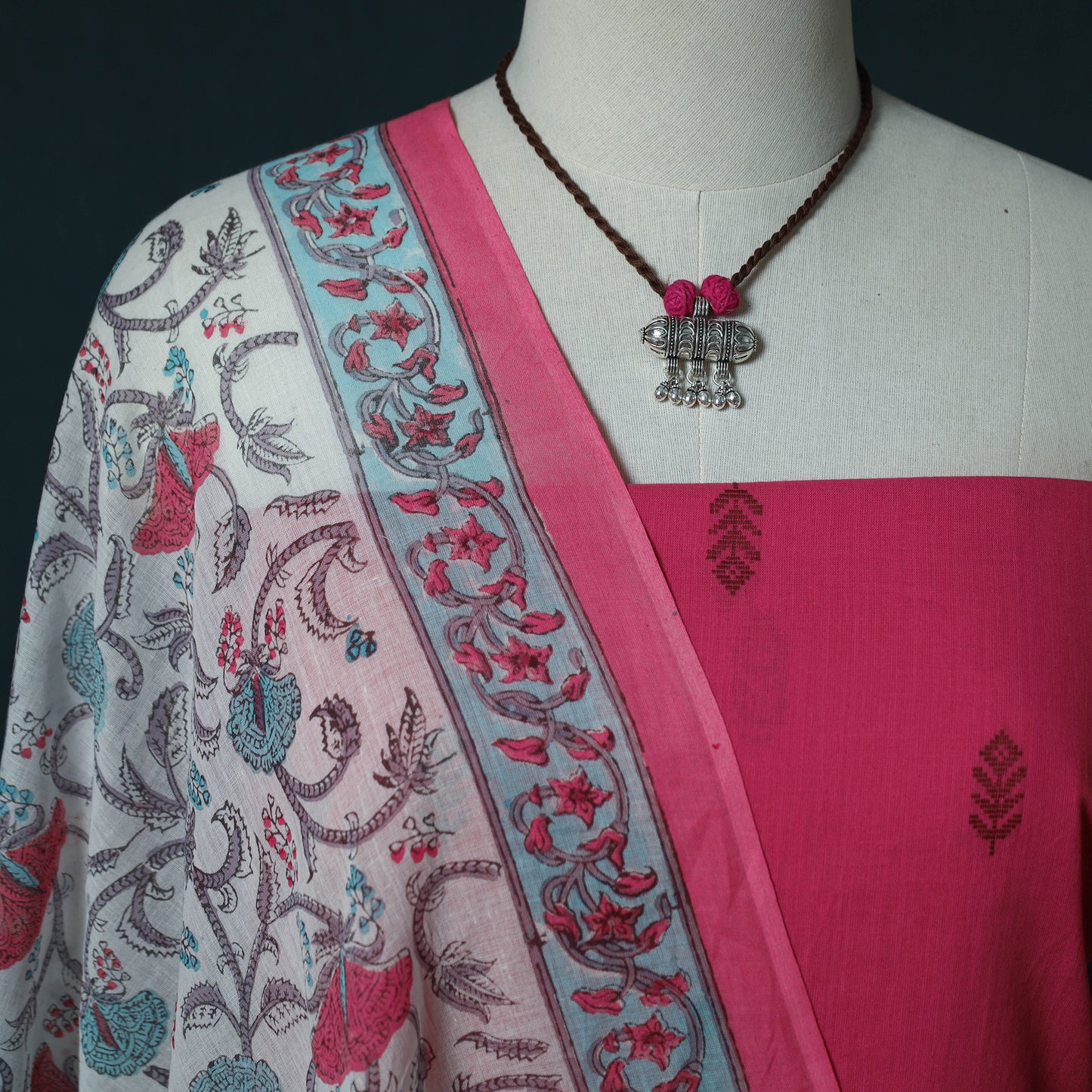 Pink - Jacquard Cotton 2pc Unstitched Dress Material Kurta Set with Jewellery Set 02