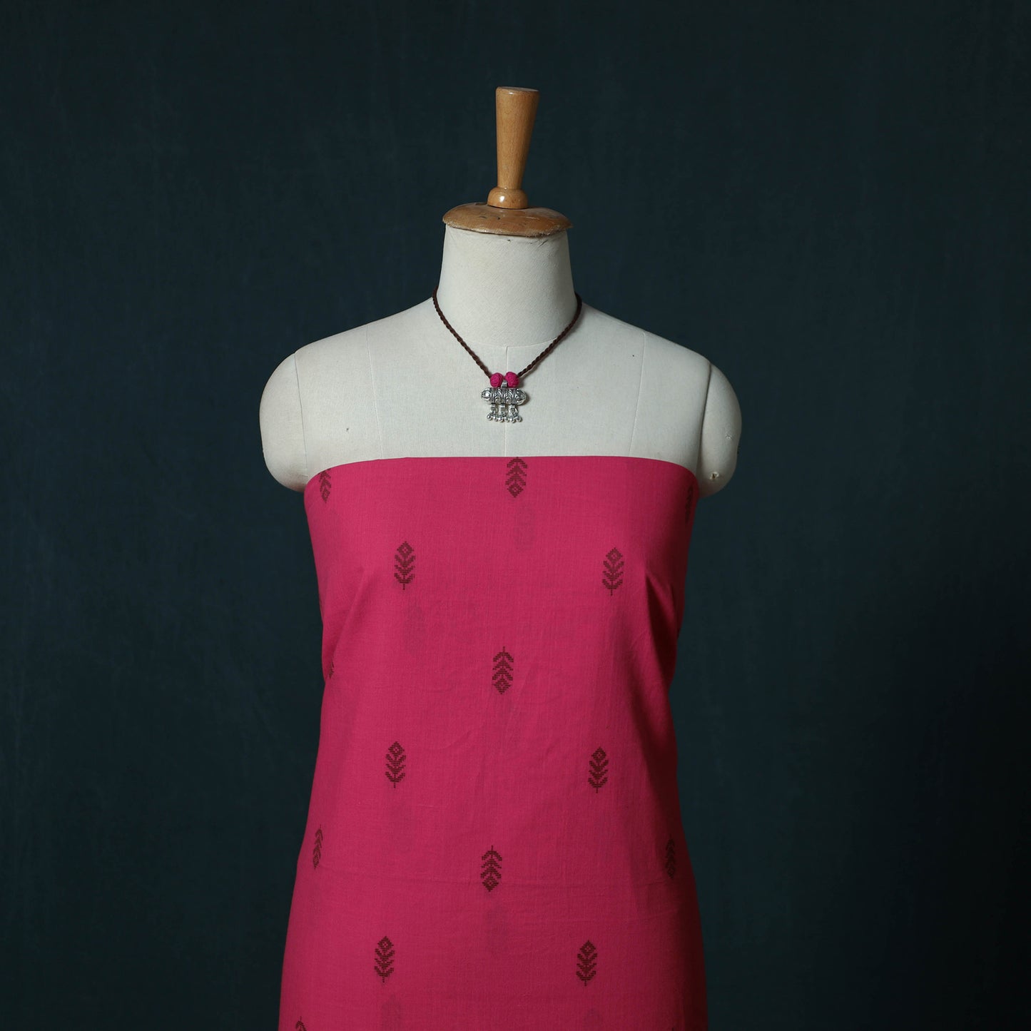 Pink - Jacquard Cotton 2pc Unstitched Dress Material Kurta Set with Jewellery Set 02