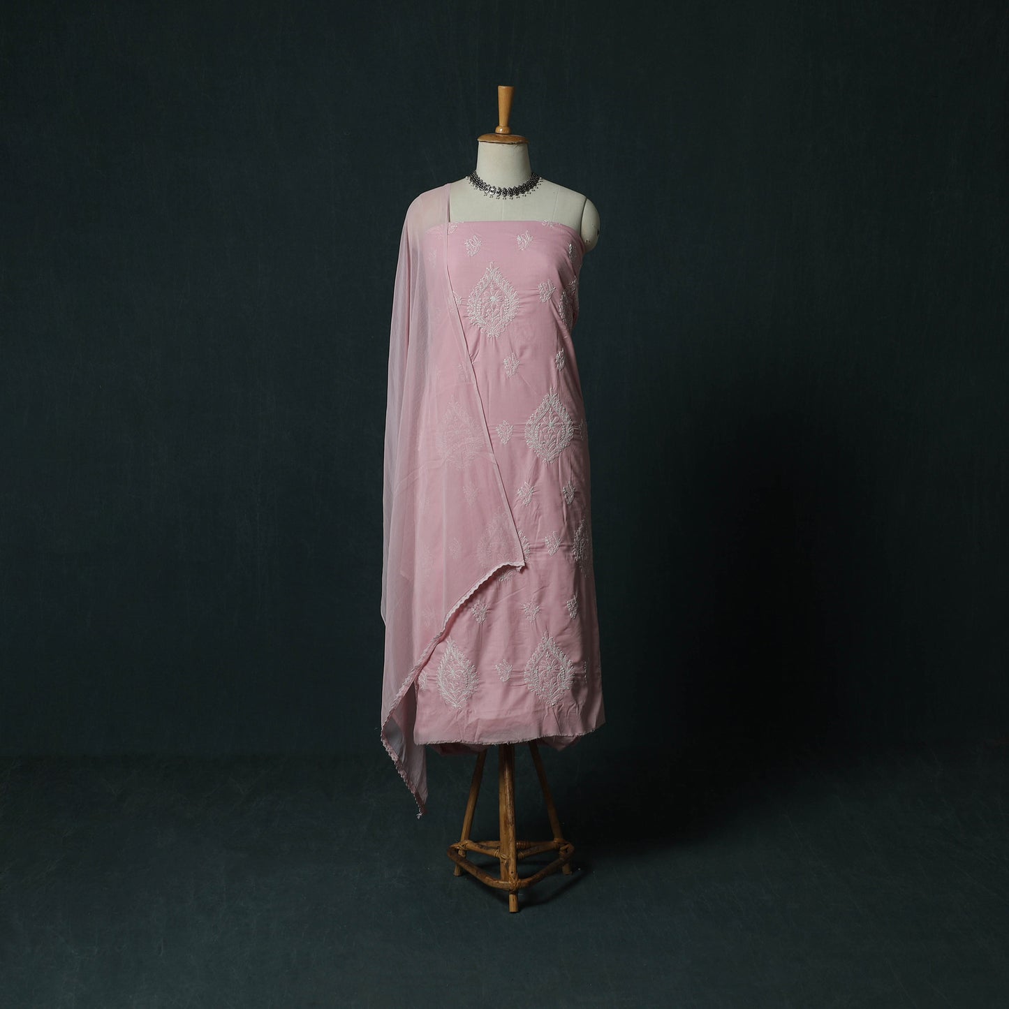 Pink - Lucknowi Chikankari Hand Embroidered Cotton 3pc Unstitched Dress Material Suit Set 44