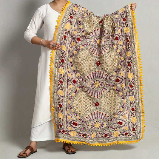 Yellow - Ranihati Chanderi Silk Chapa Work Phulkari Embroidered Dupatta with Pom Pom