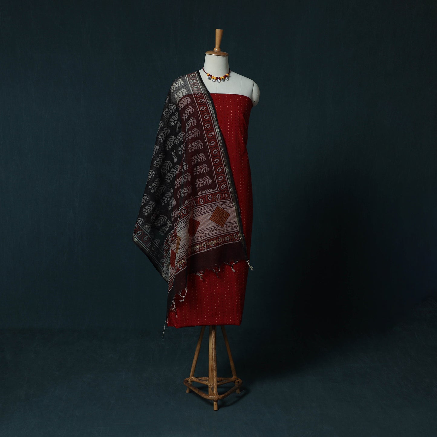 Red - Jacquard Cotton 2pc Unstitched Dress Material Kurta Set with Jewellery Set 06