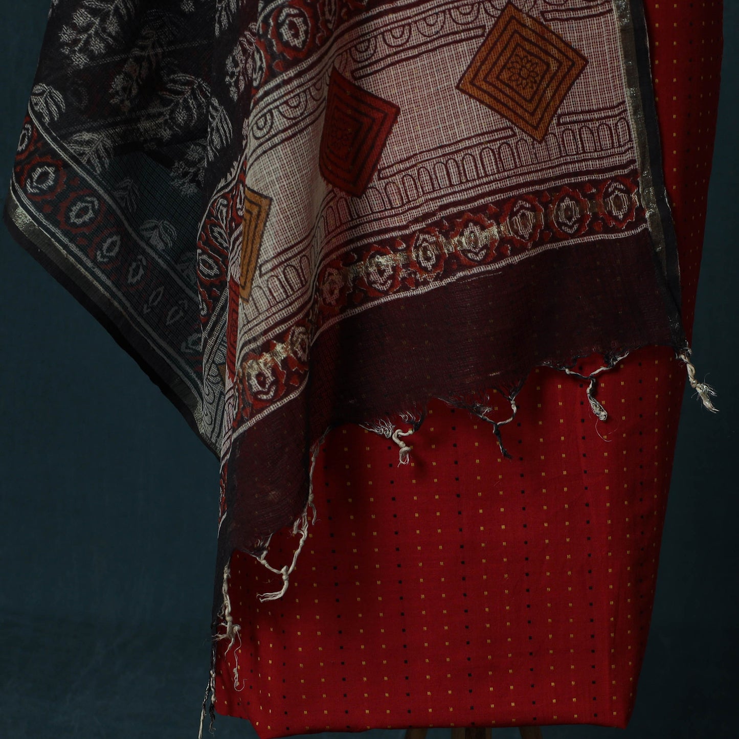 Red - Jacquard Cotton 2pc Unstitched Dress Material Kurta Set with Jewellery Set 06