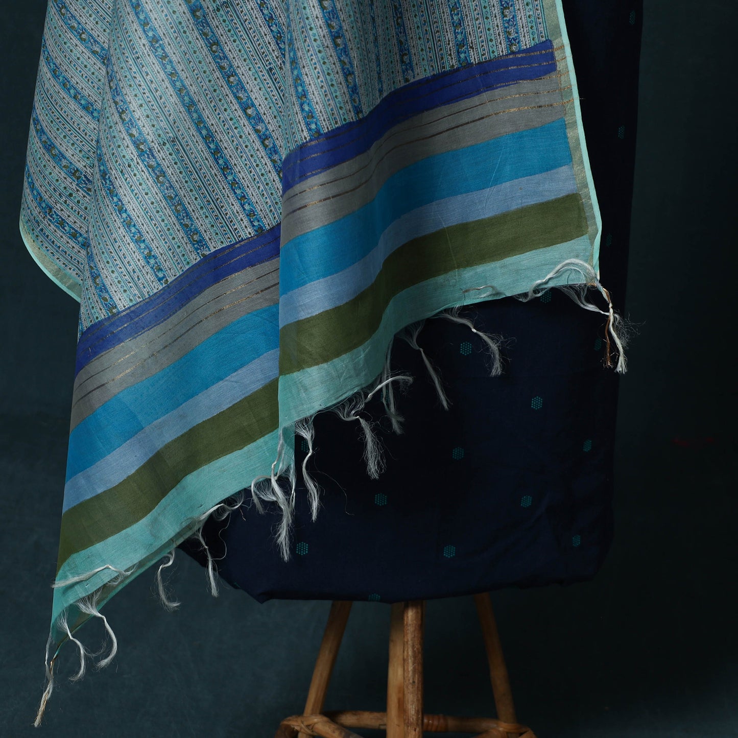Blue - Jacquard Cotton 2pc Unstitched Dress Material Kurta Set with Jewellery Set 08