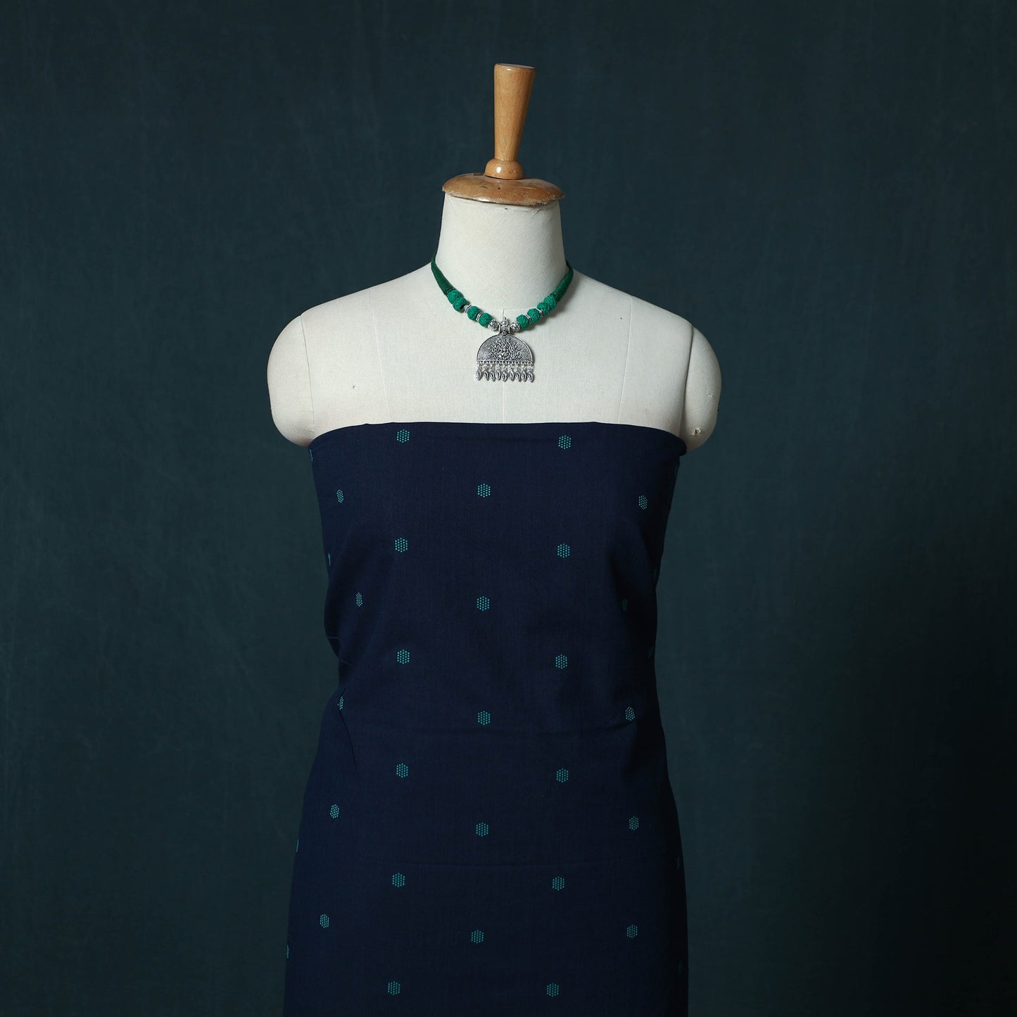 Blue - Jacquard Cotton 2pc Unstitched Dress Material Kurta Set with Jewellery Set 08