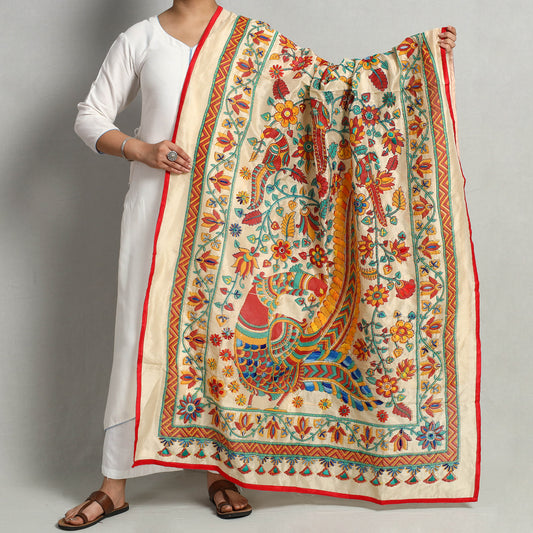 Red - Ranihati Chanderi Silk Chapa Work Phulkari Embroidered Printed Dupatta