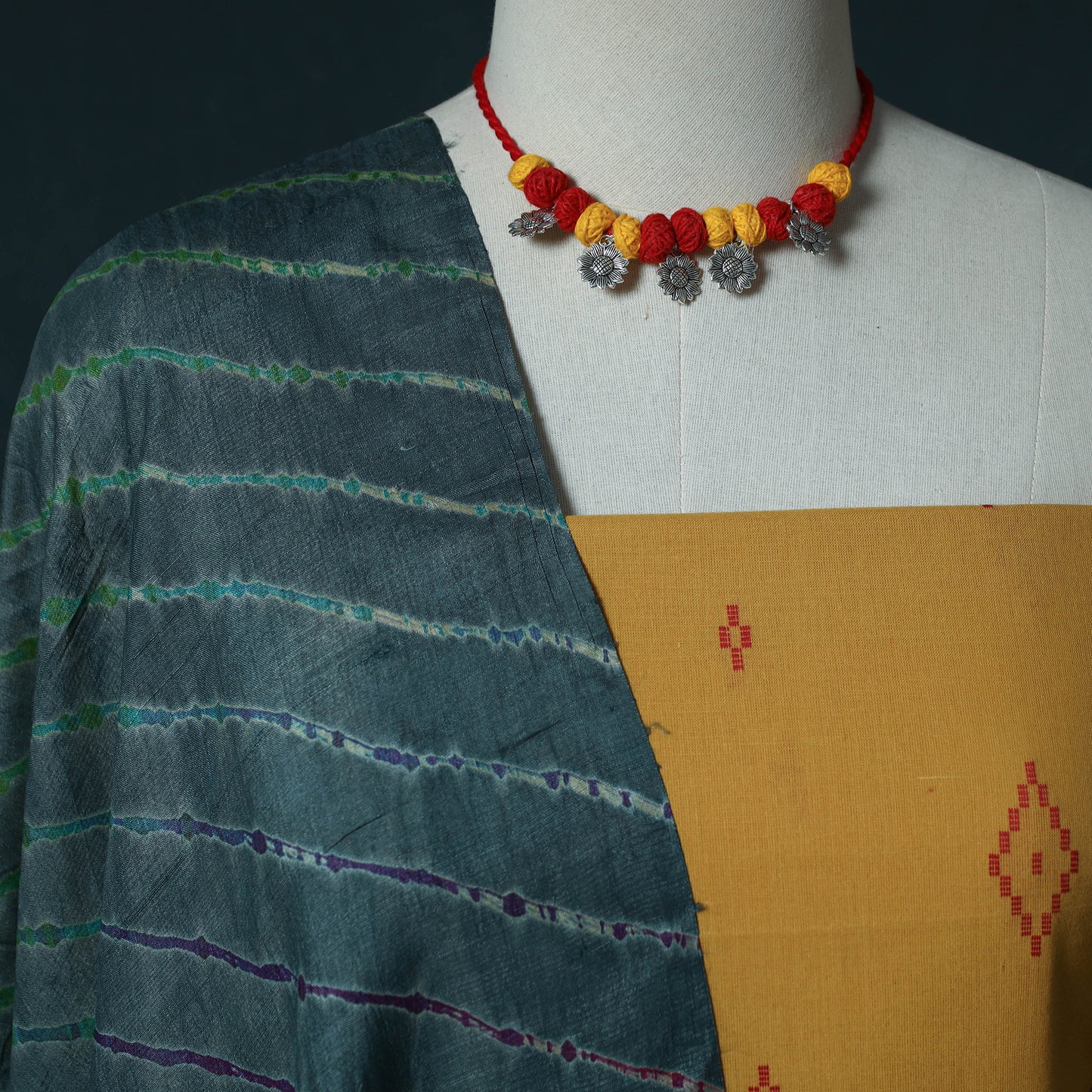 Yellow - Jacquard Cotton 2pc Unstitched Dress Material Kurta Set with Jewellery Set 09