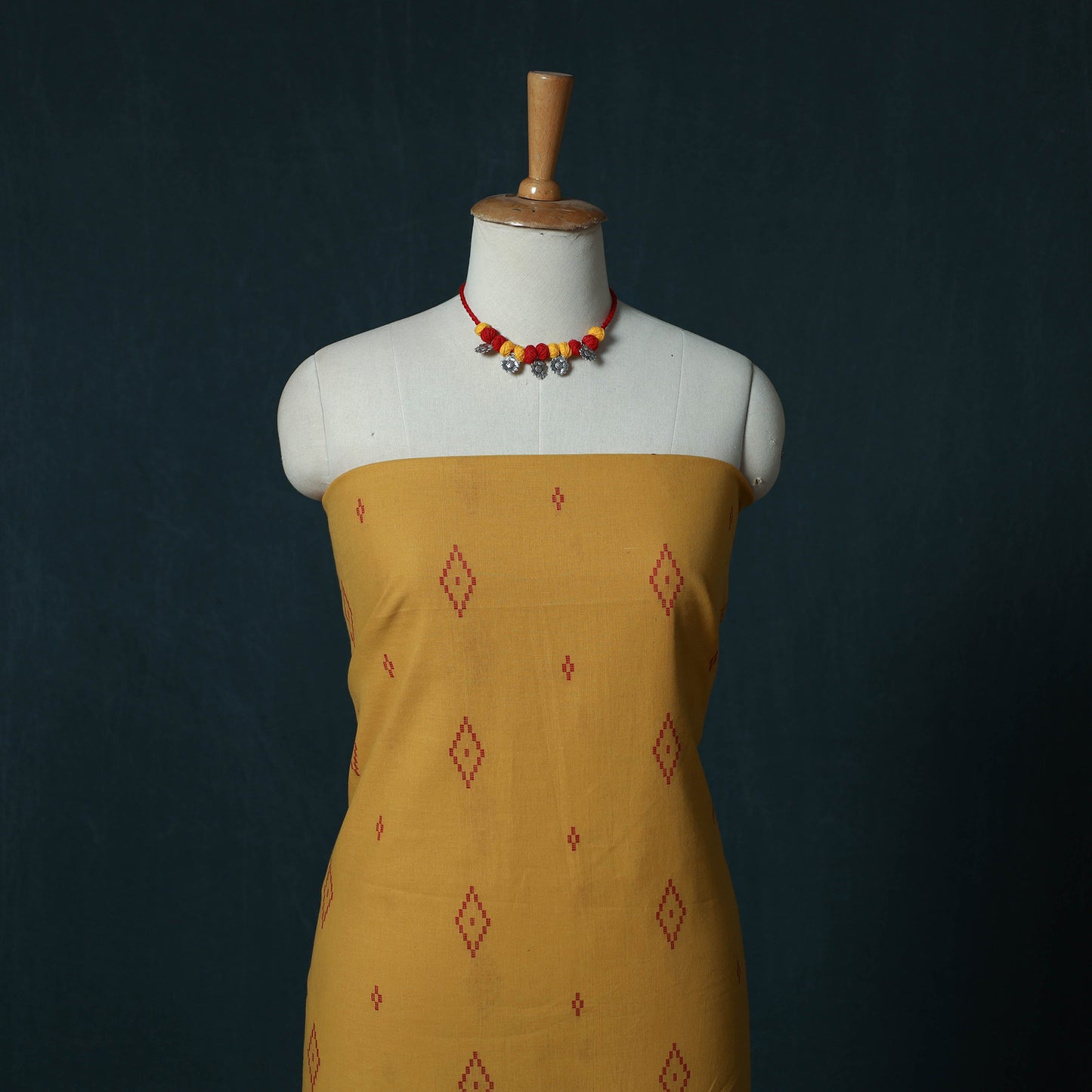 Yellow - Jacquard Cotton 2pc Unstitched Dress Material Kurta Set with Jewellery Set 09