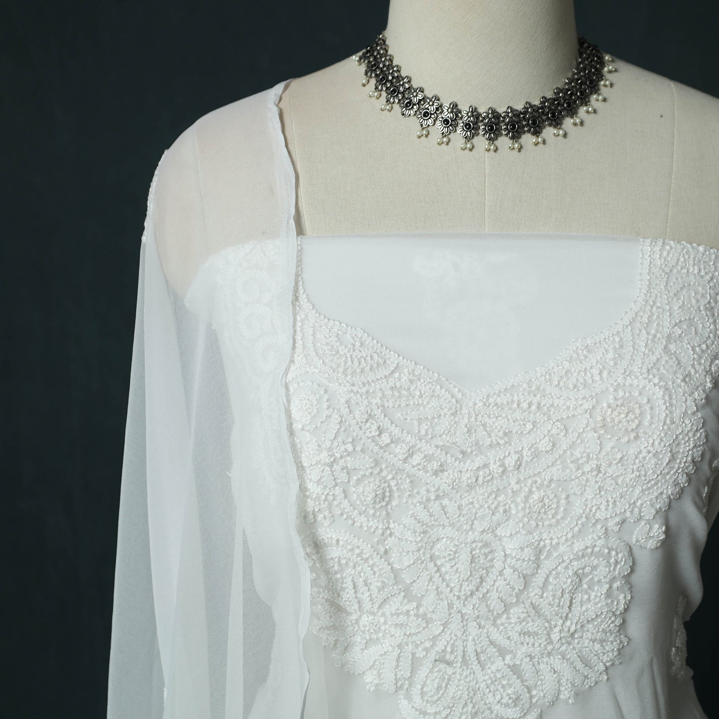 White - Lucknowi Chikankari Hand Embroidered Georgette 3pc Unstitched Dress Material Suit Set 49