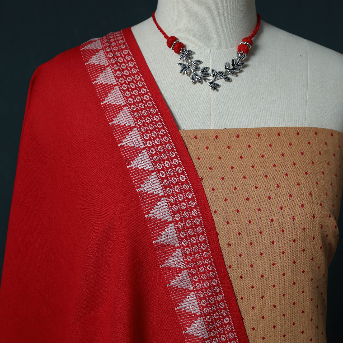 Brown - Jacquard Cotton 2pc Unstitched Dress Material Kurta Set with Jewellery Set 11