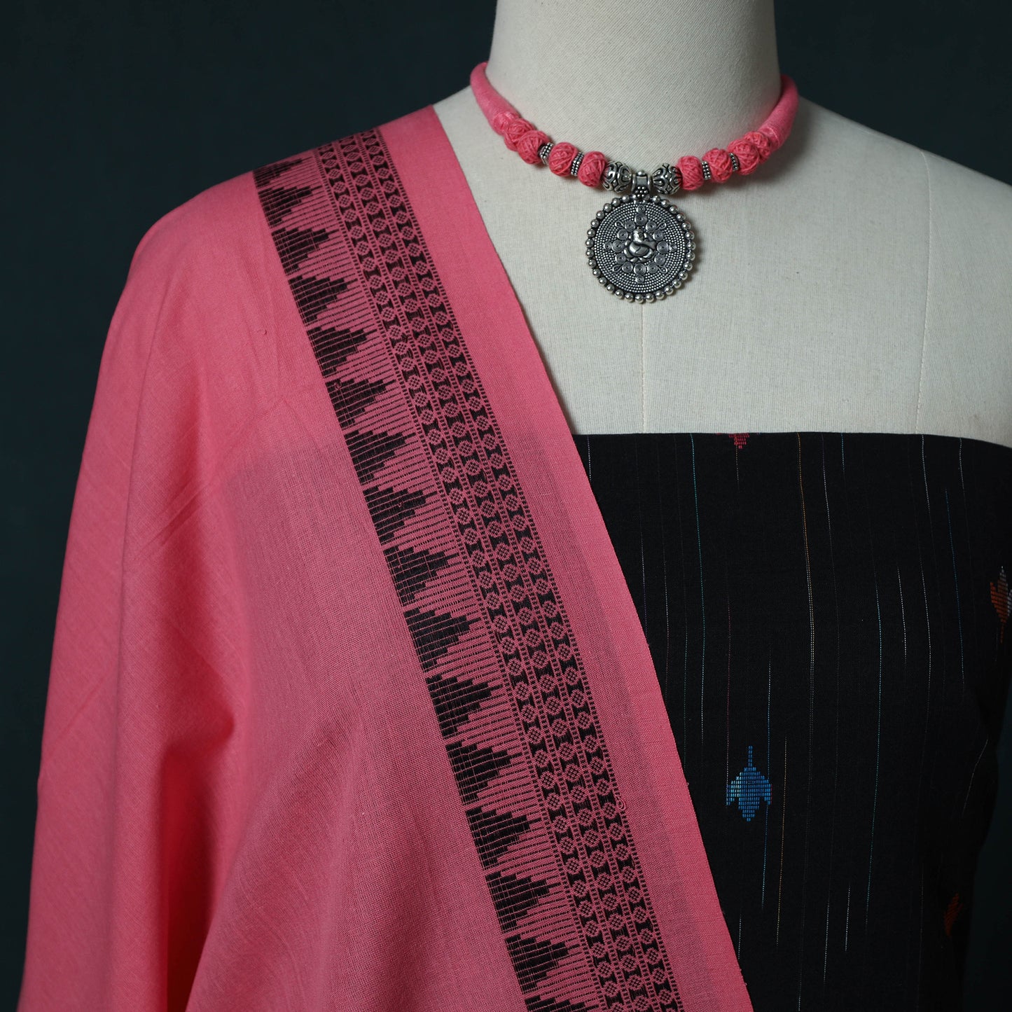 Jacquard Cotton 2pc Unstitched Dress Material Kurta Set with Jewellery Set 12