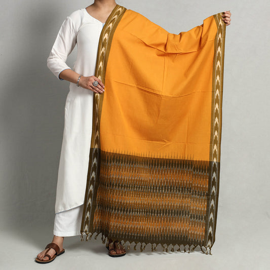 Yellow - Pochampally Ikat Weave Cotton Handloom Dupatta with Tassels