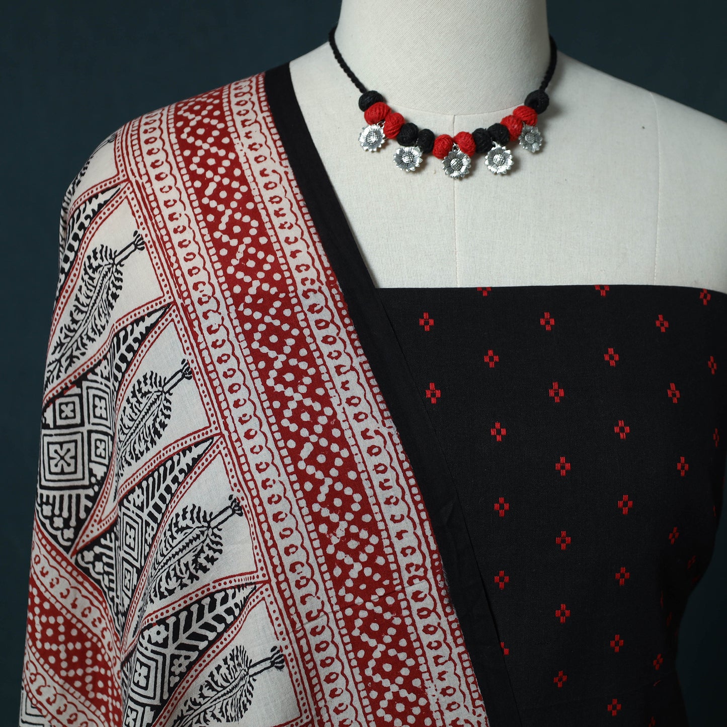 Jacquard Cotton 2pc Unstitched Dress Material Kurta Set with Jewellery Set 13