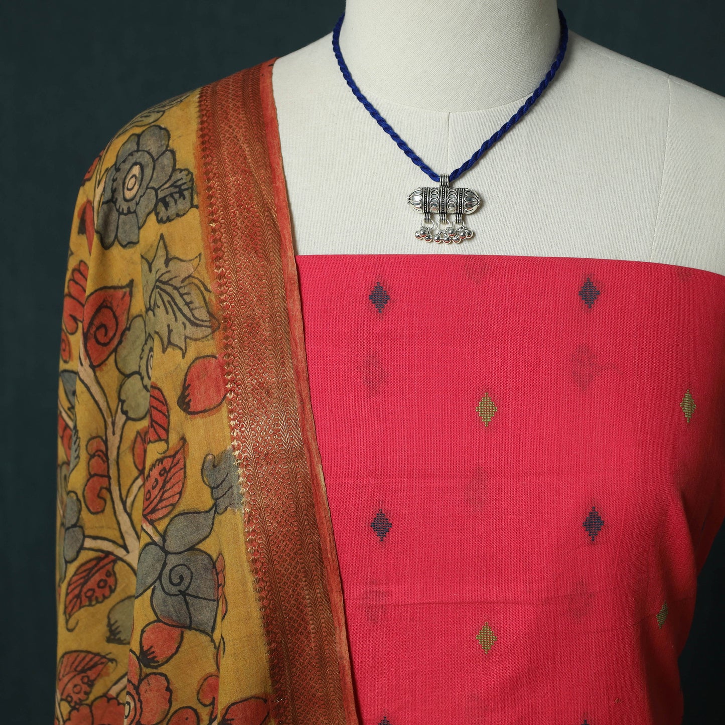 Jacquard Woven 2pc Cotton Unstitched Dress Material Kurta Set with Jewellery 01