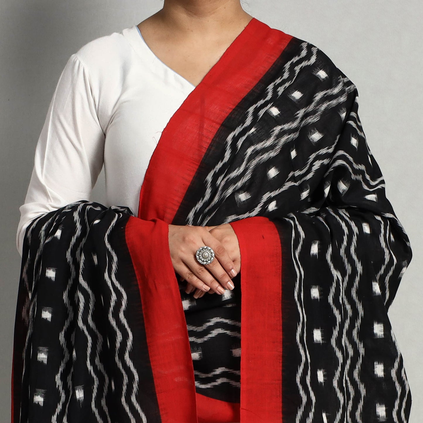 Black - Pochampally Double Ikat Cotton Handloom Dupatta with Tassels