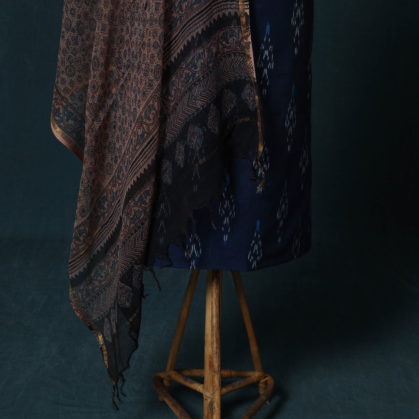 Blue - Pochampally Ikat Cotton 2pc Unstitched Dress Material Kurta Set with Jewellery Set 17