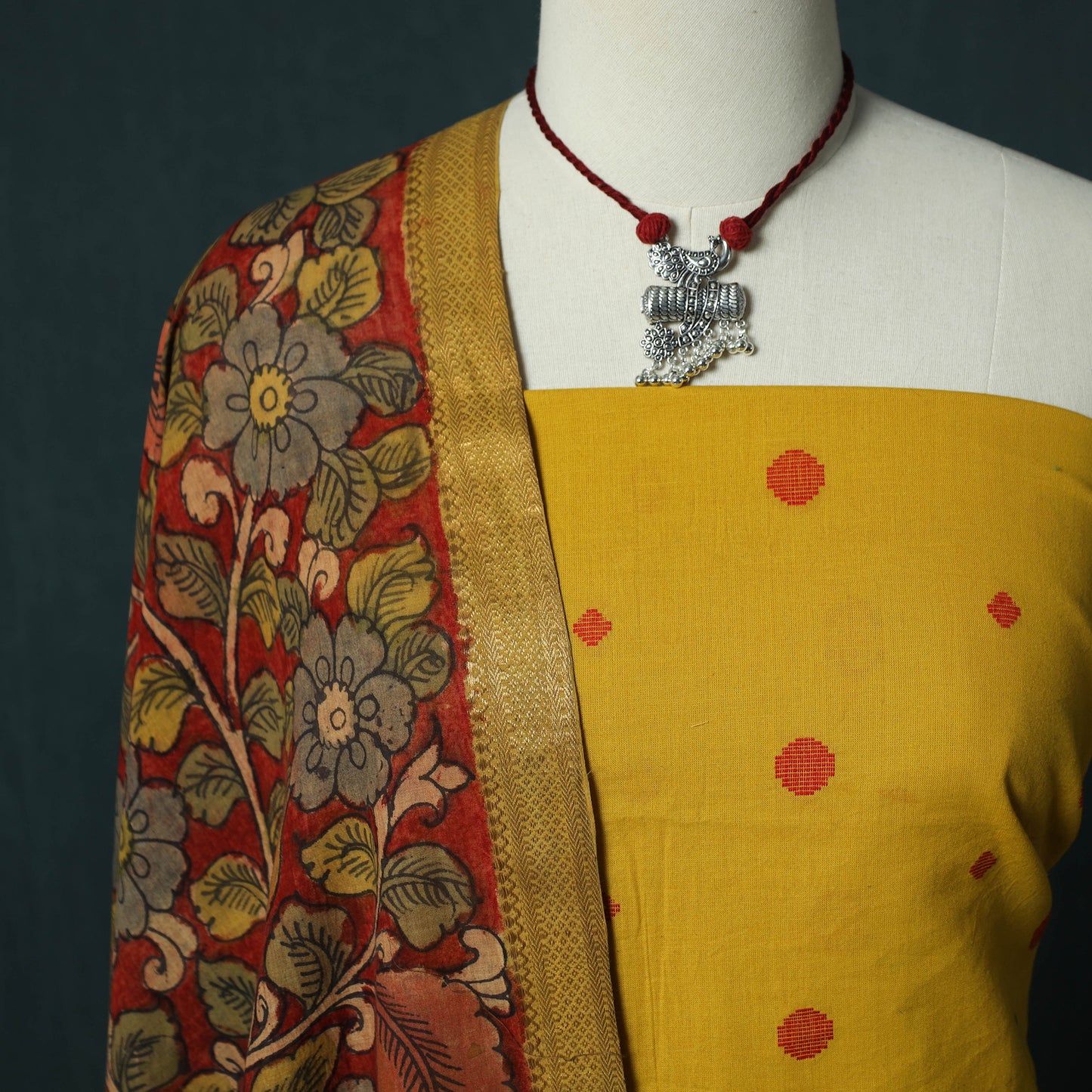 Jacquard Woven 2pc Cotton Unstitched Dress Material Kurta Set with Jewellery 06