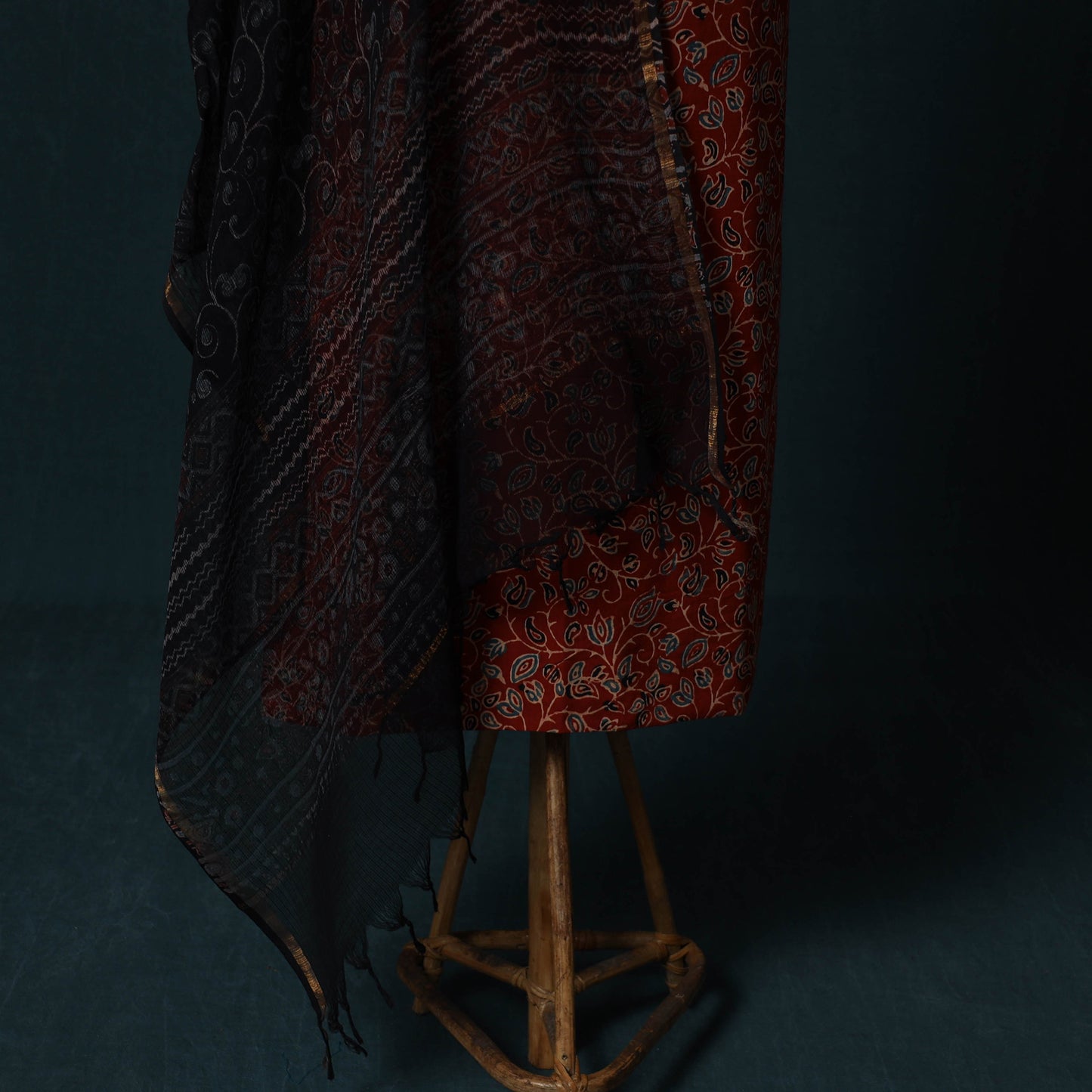 Red - Ajrakh Hand Block Print Natural Dyed Cotton 2pc Unstitched Dress Material Kurta Set with Jewellery Set 21