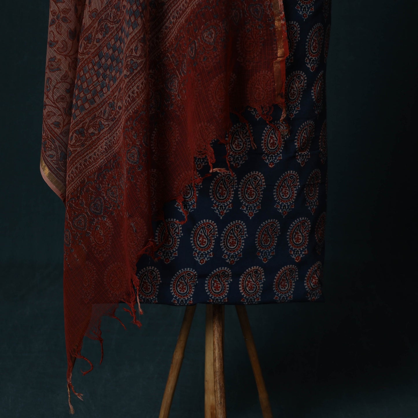 Ajrakh Hand Block Print Natural Dyed Cotton 2pc Unstitched Dress Material Kurta Set with Jewellery Set 22