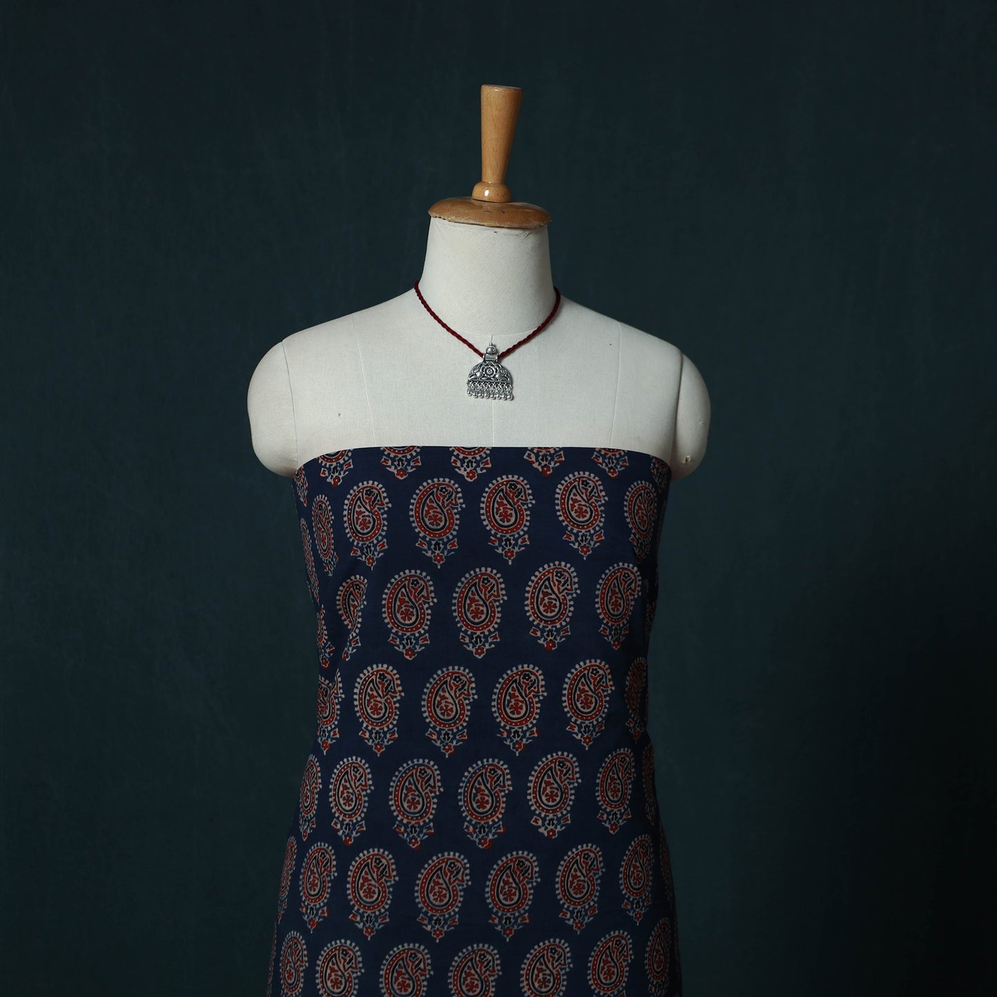 Ajrakh Hand Block Print Natural Dyed Cotton 2pc Unstitched Dress Material Kurta Set with Jewellery Set 22