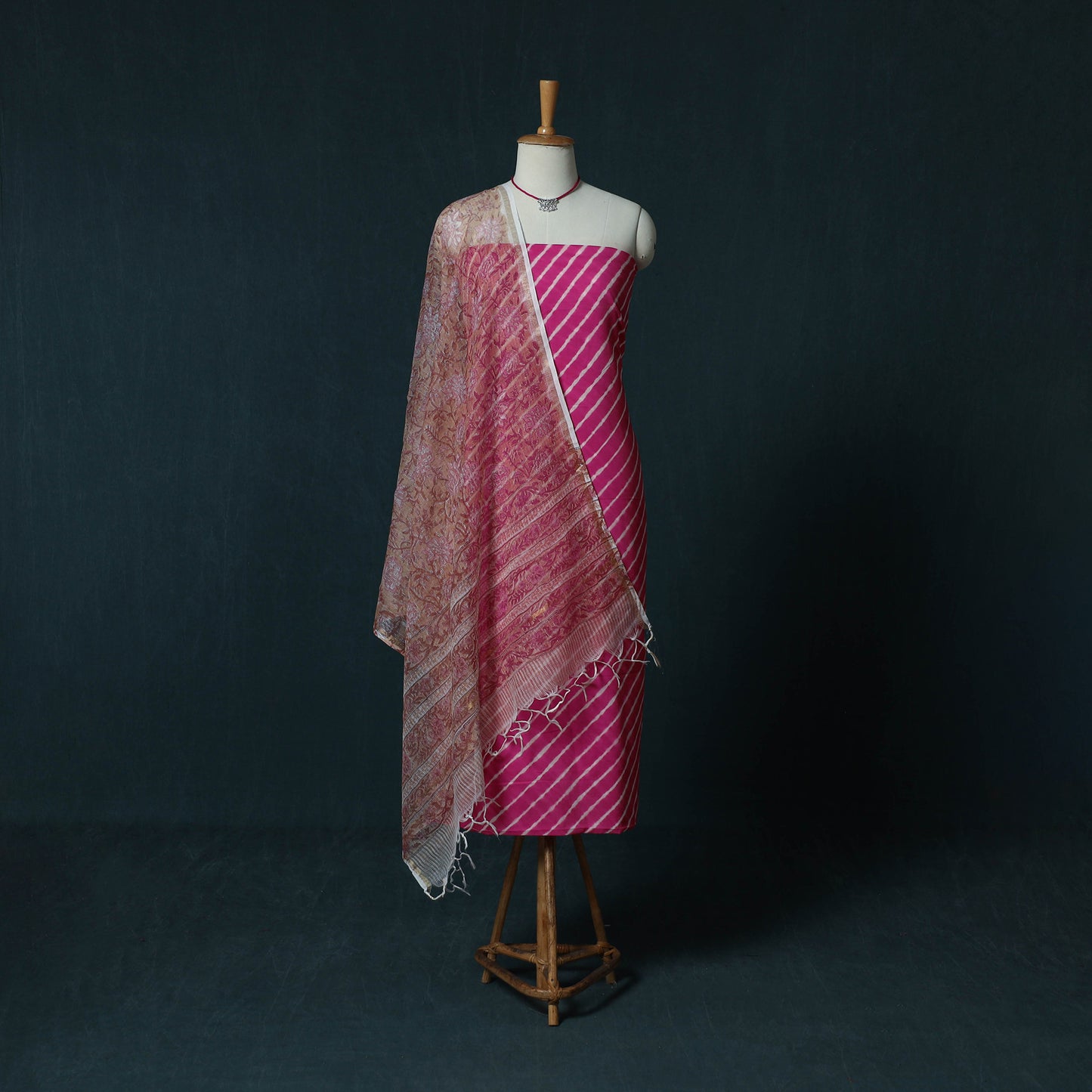 Pink - Leheriya Tie-Dye Cotton 2pc Unstitched Dress Material Kurta Set with Jewellery Set 23