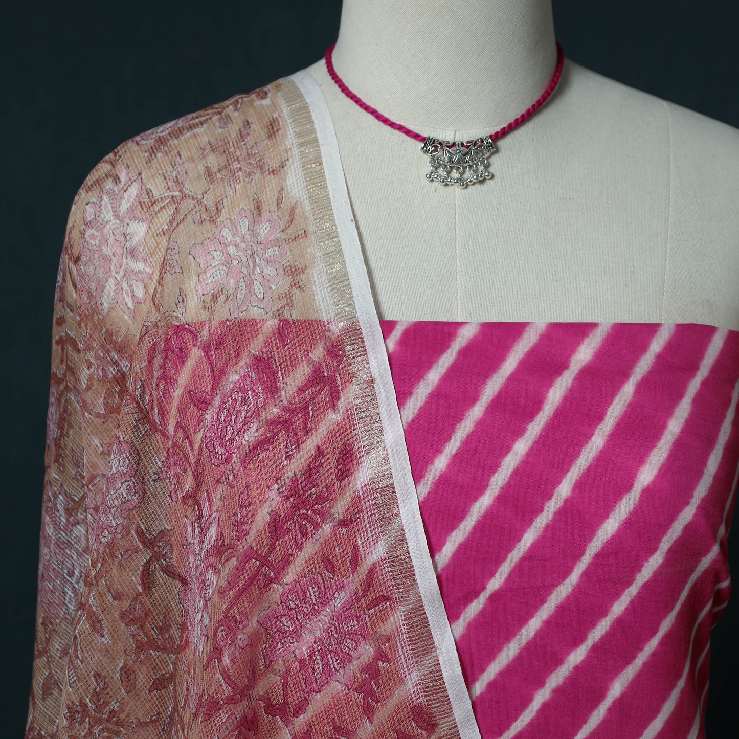 Pink - Leheriya Tie-Dye Cotton 2pc Unstitched Dress Material Kurta Set with Jewellery Set 23
