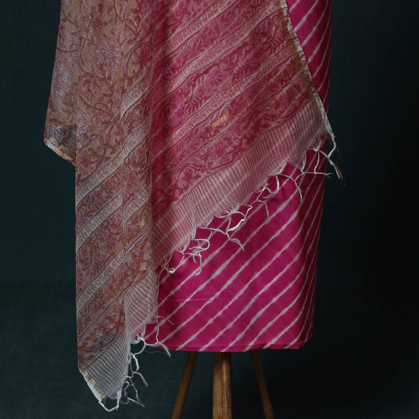 Pink - Leheriya Tie-Dye Cotton 2pc Unstitched Dress Material Kurta Set with Jewellery Set 23