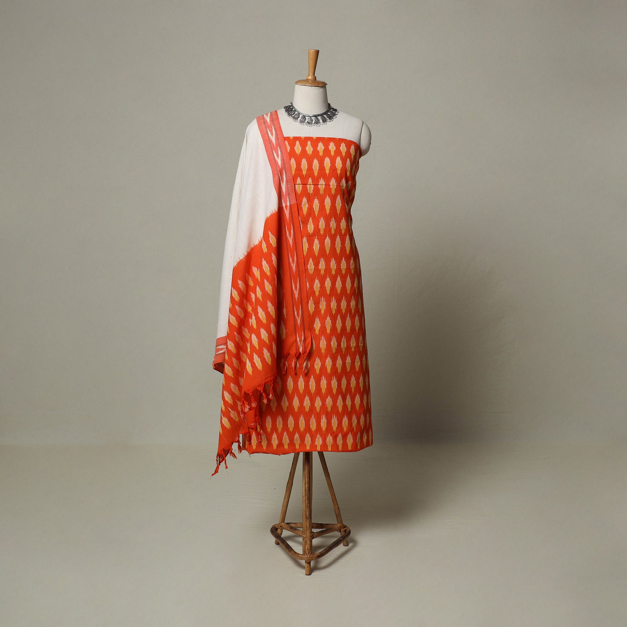 Orange Pochampally Ikat Weave 3pc Cotton Unstitched Dress Material Suit Set