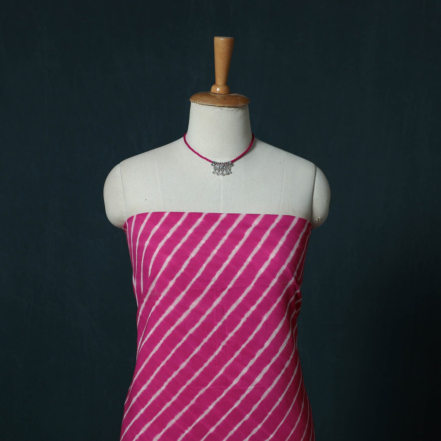 Pink - Leheriya Tie-Dye Cotton 2pc Unstitched Dress Material Kurta Set with Jewellery Set 23