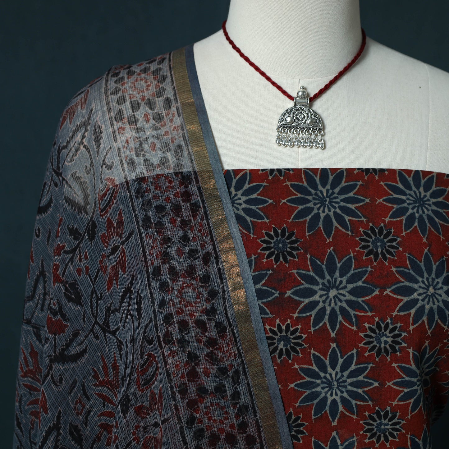 Ajrakh Hand Block Print Natural Dyed Cotton 2pc Unstitched Dress Material Kurta Set with Jewellery Set 24