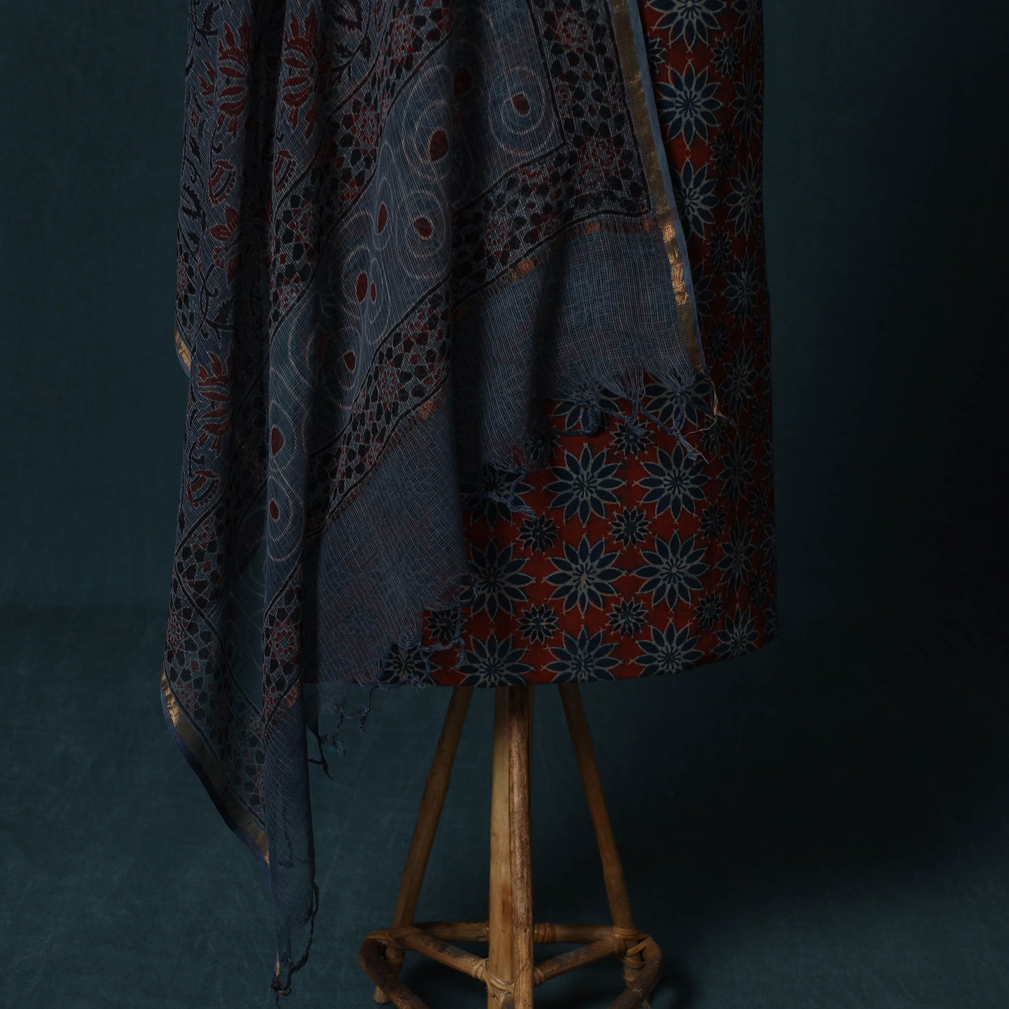 Ajrakh Hand Block Print Natural Dyed Cotton 2pc Unstitched Dress Material Kurta Set with Jewellery Set 24