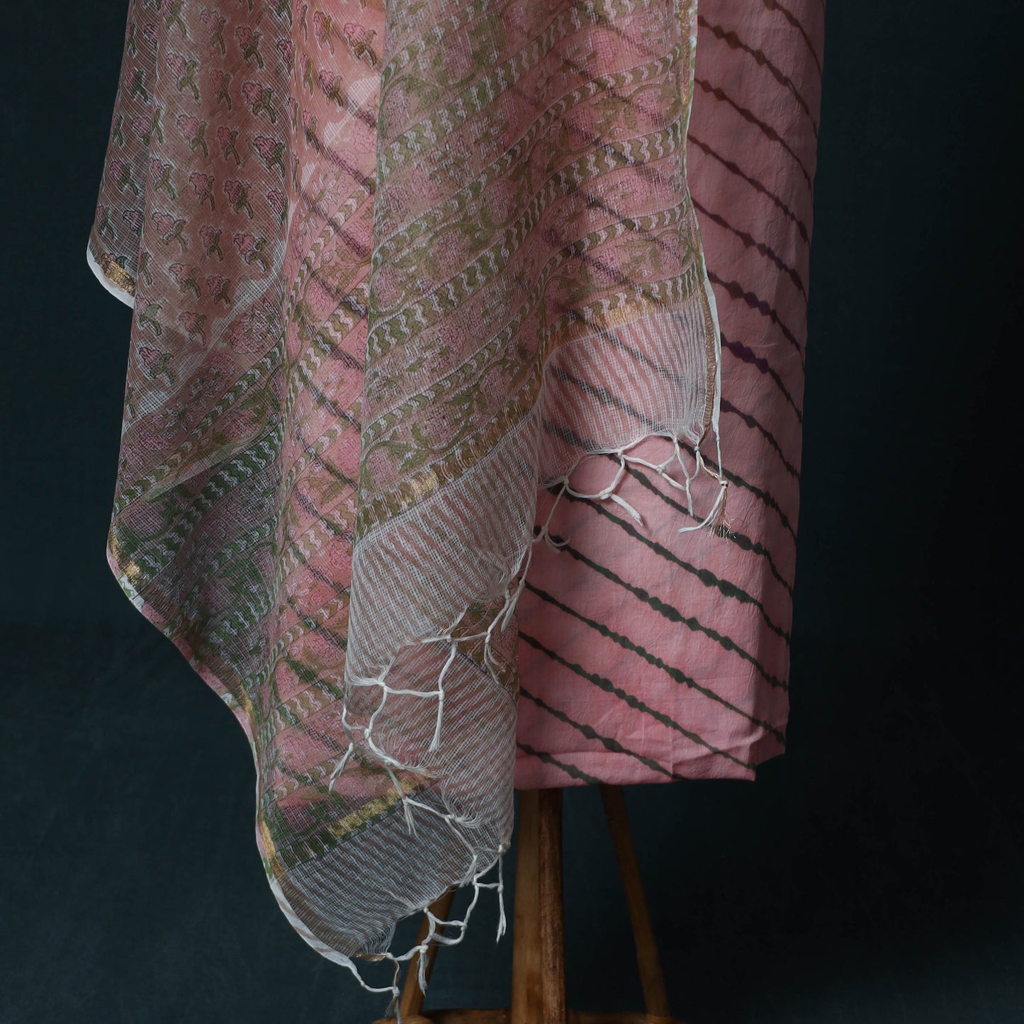 Leheriya Tie-Dye Cotton 2pc Unstitched Dress Material Kurta Set with Jewellery Set 26