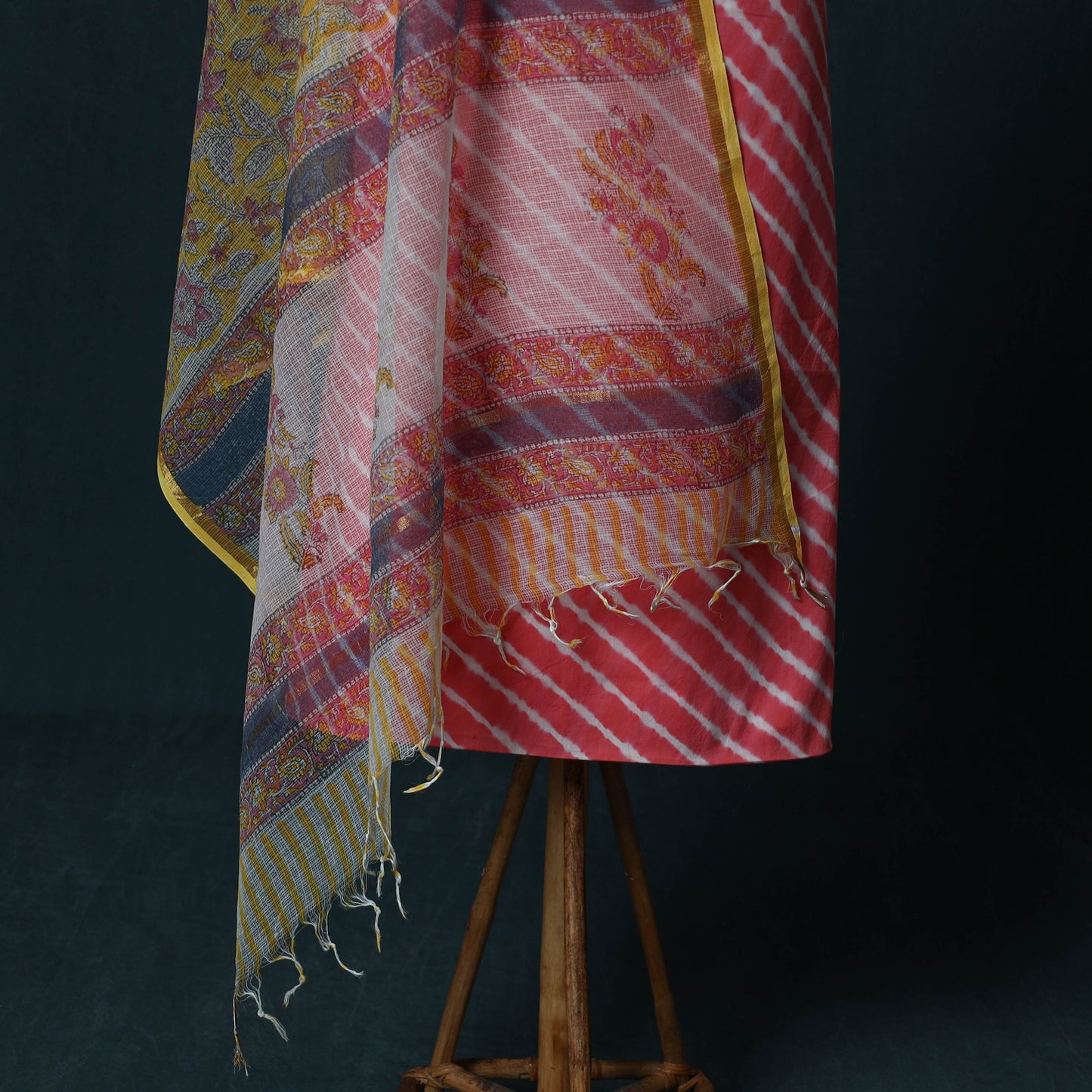 Leheriya Tie-Dye Cotton 2pc Unstitched Dress Material Kurta Set with Jewellery Set 27