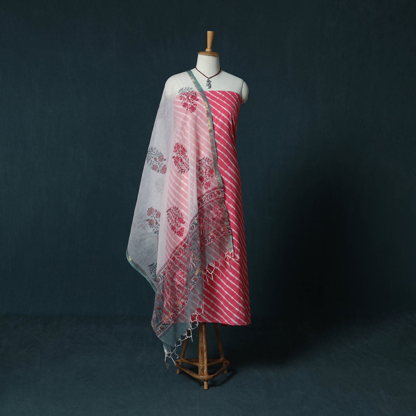 Leheriya Tie-Dye Cotton 2pc Unstitched Dress Material Kurta Set with Jewellery Set 29