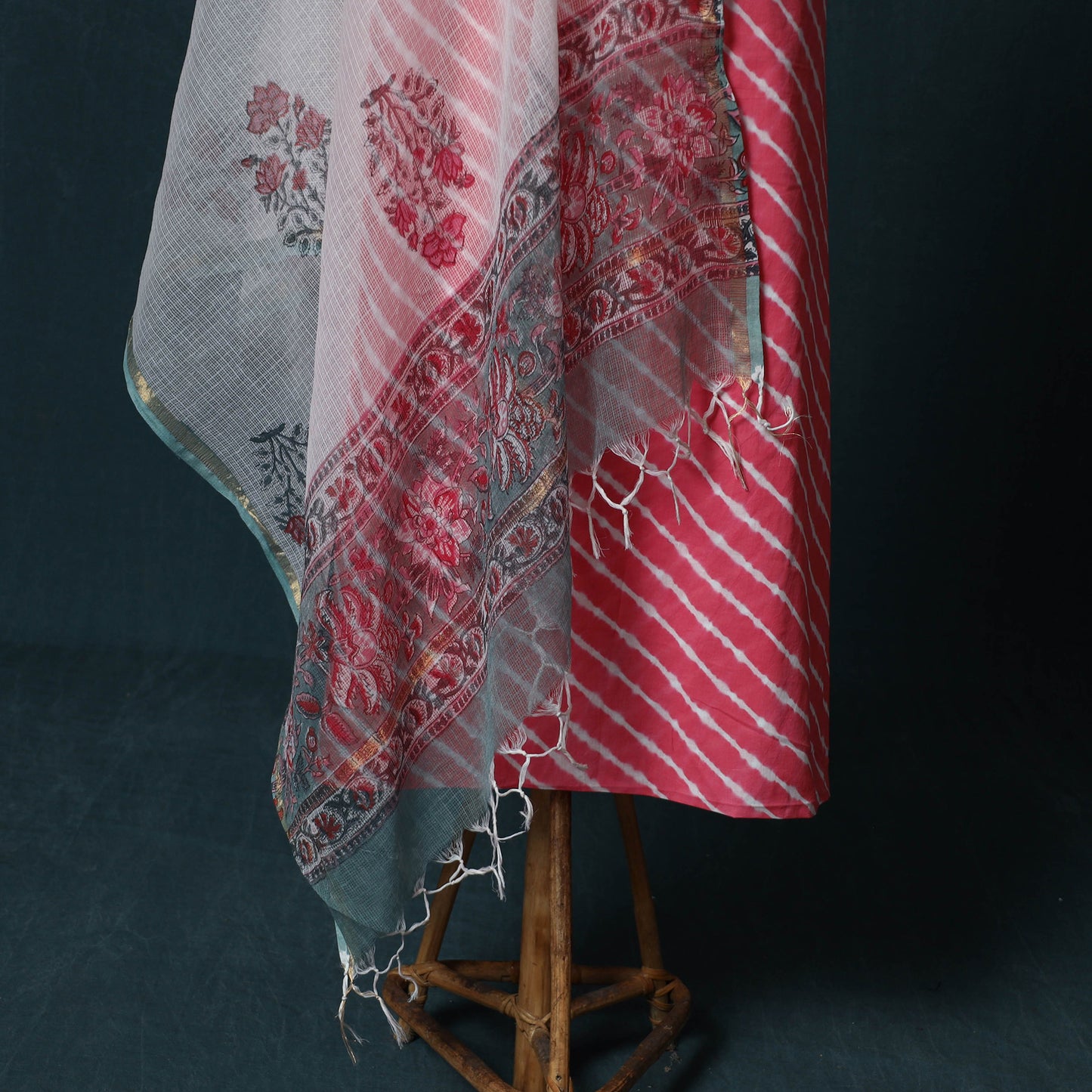 Leheriya Tie-Dye Cotton 2pc Unstitched Dress Material Kurta Set with Jewellery Set 29