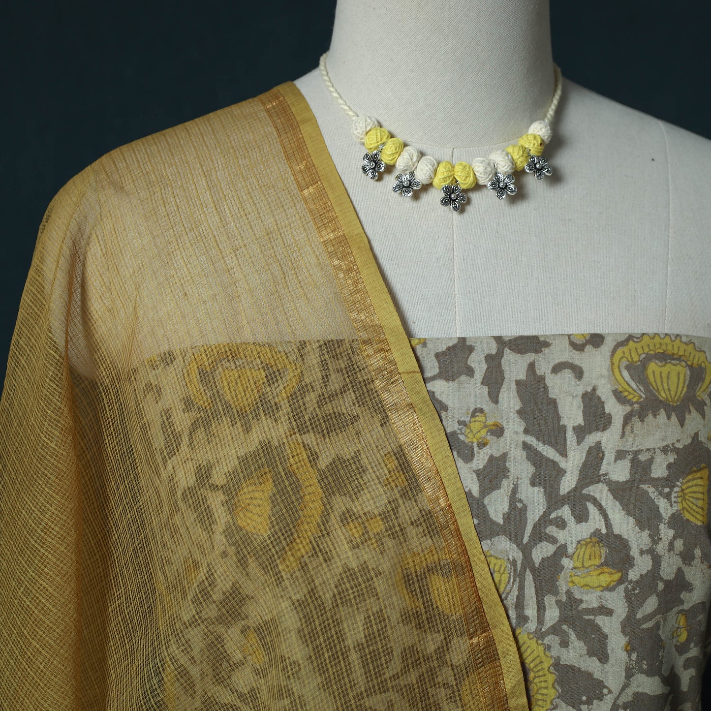Brown - Bagru Hand Block Print Cotton 2pc Unstitched Dress Material Kurta Set with Jewellery Set 32
