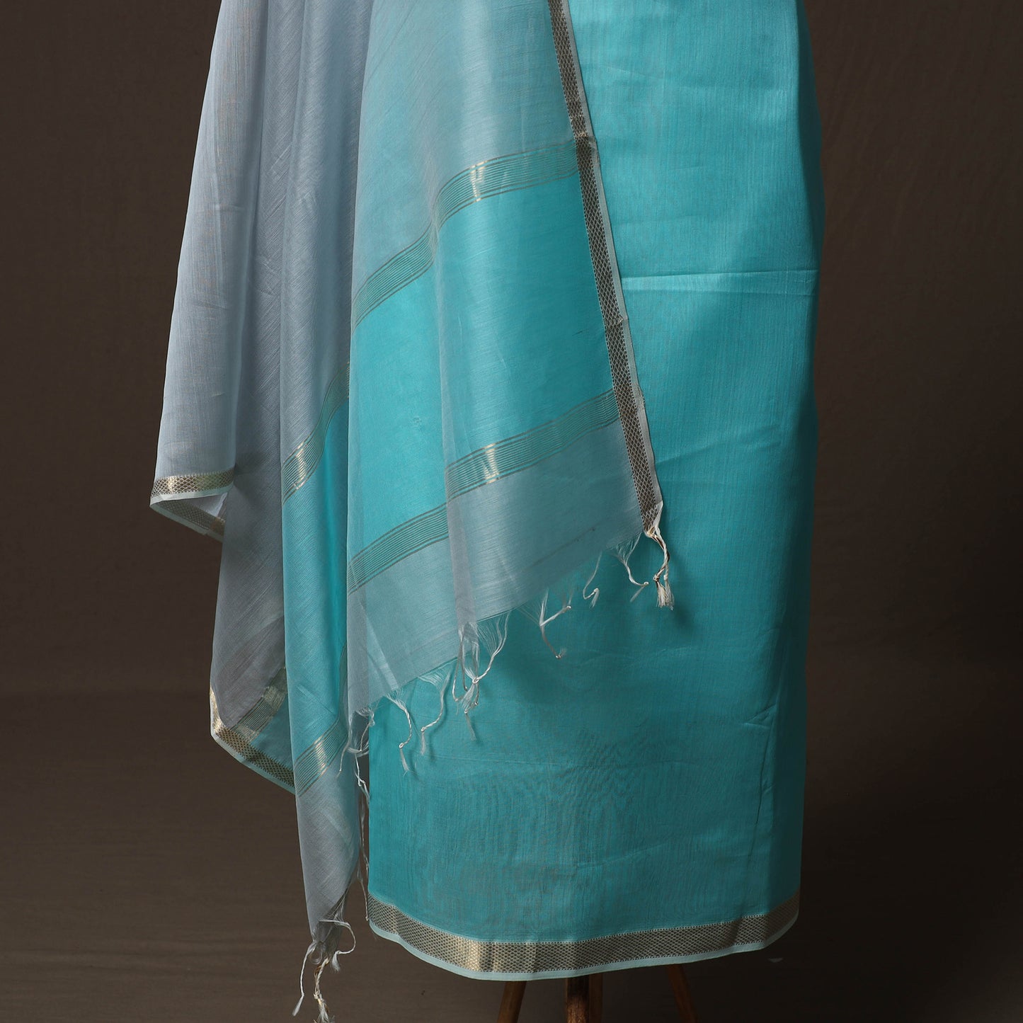Blue - 2pc Handloom Silk Cotton Unstitched Plain Dress Material Kurta Set with Zari Border 01