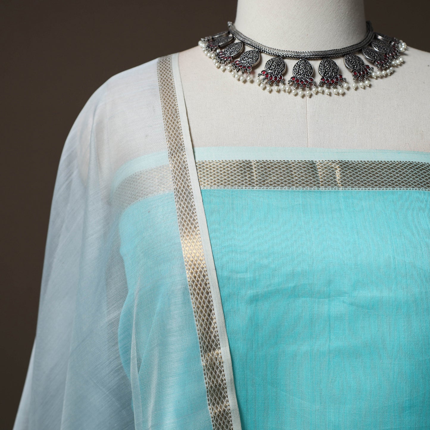 Blue - 2pc Handloom Silk Cotton Unstitched Plain Dress Material Kurta Set with Zari Border 01
