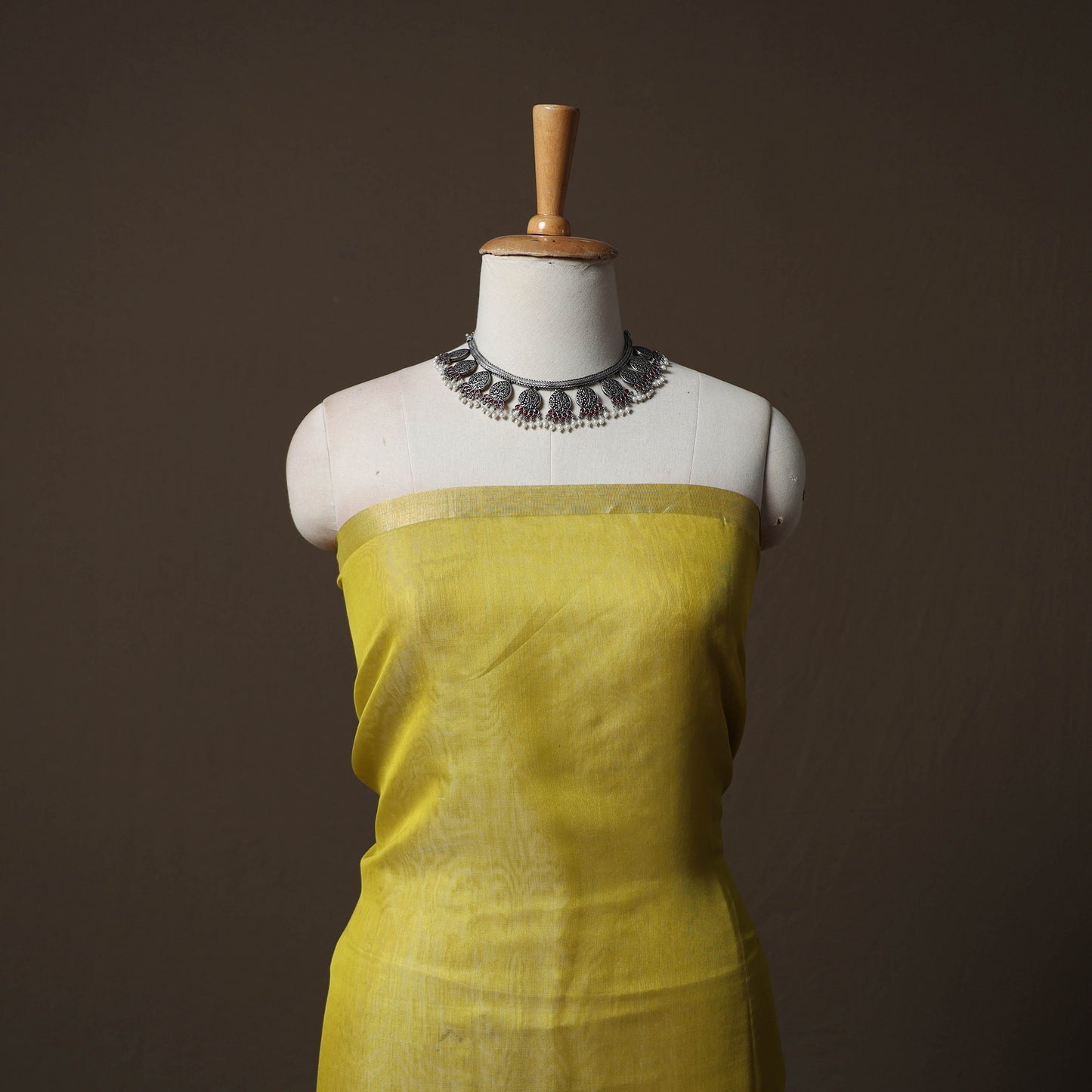 Yellow - 2pc Handloom Unstitched Chanderi Silk Dress Material Kurta Set with Zari Border 04