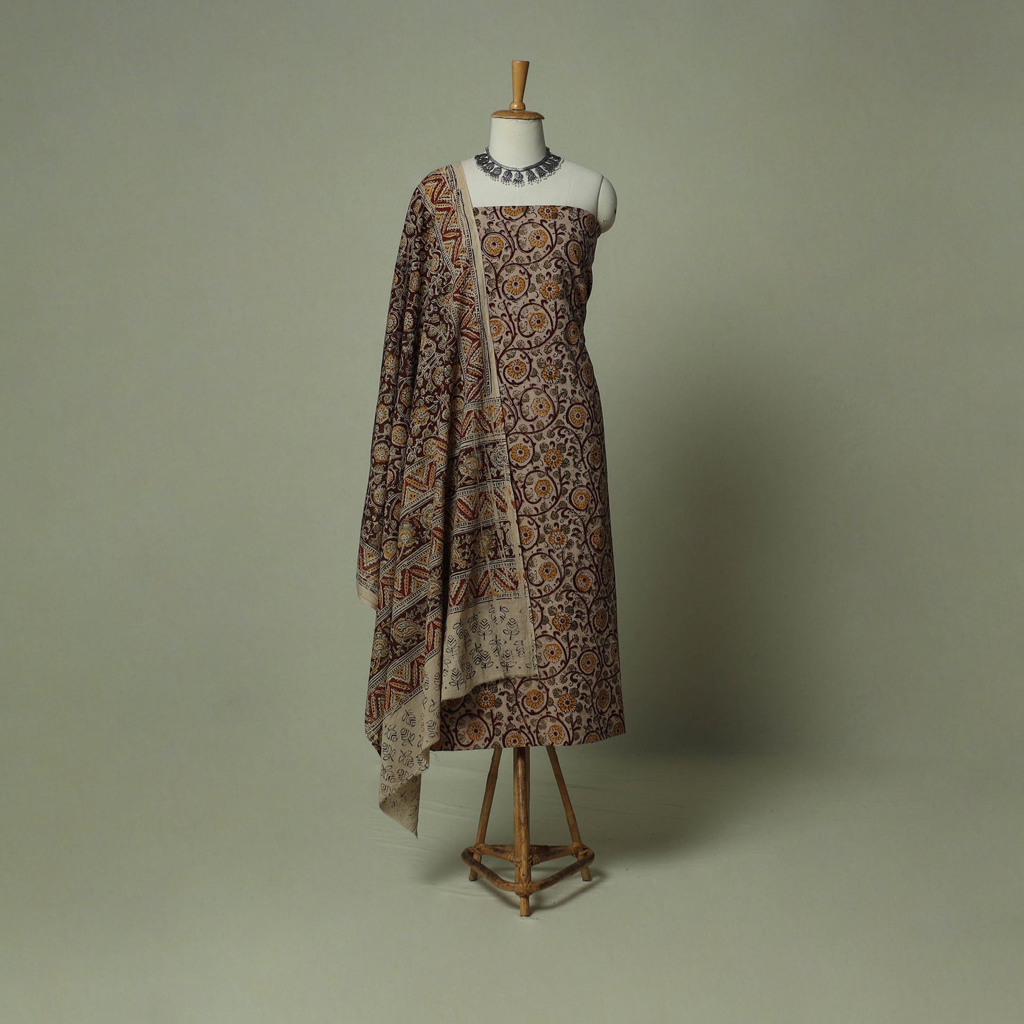 Pedana Kalamkari Hand Block Print Natural Dyed Cotton 3pc Unstitched Dress Material Suit Set 01