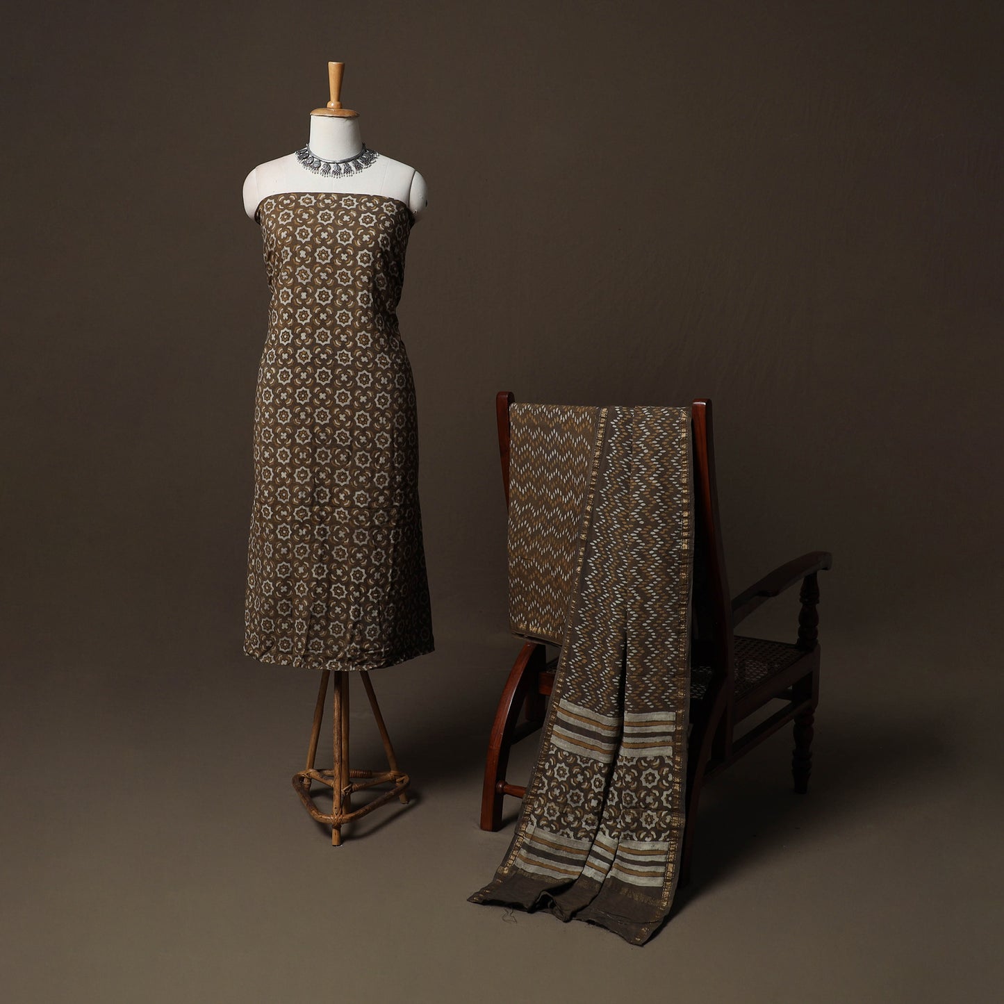 Brown - Natural Dyed Cotton 3pc Unstitched Akola Hand Block Print Dress Material Suit Set 07