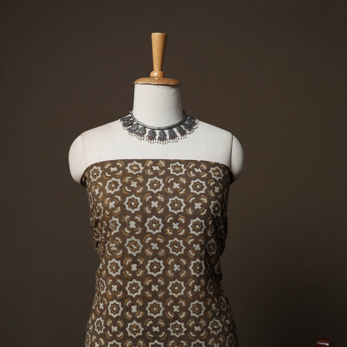 Brown - Natural Dyed Cotton 3pc Unstitched Akola Hand Block Print Dress Material Suit Set 07