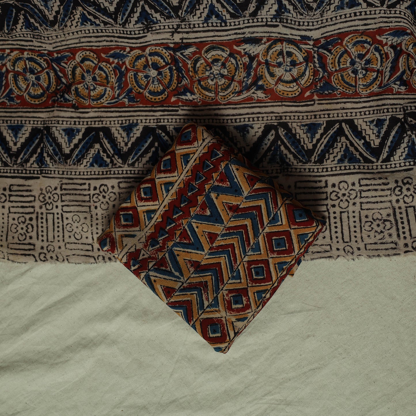 Pedana Kalamkari Hand Block Print Natural Dyed Cotton 3pc Unstitched Dress Material Suit Set 03