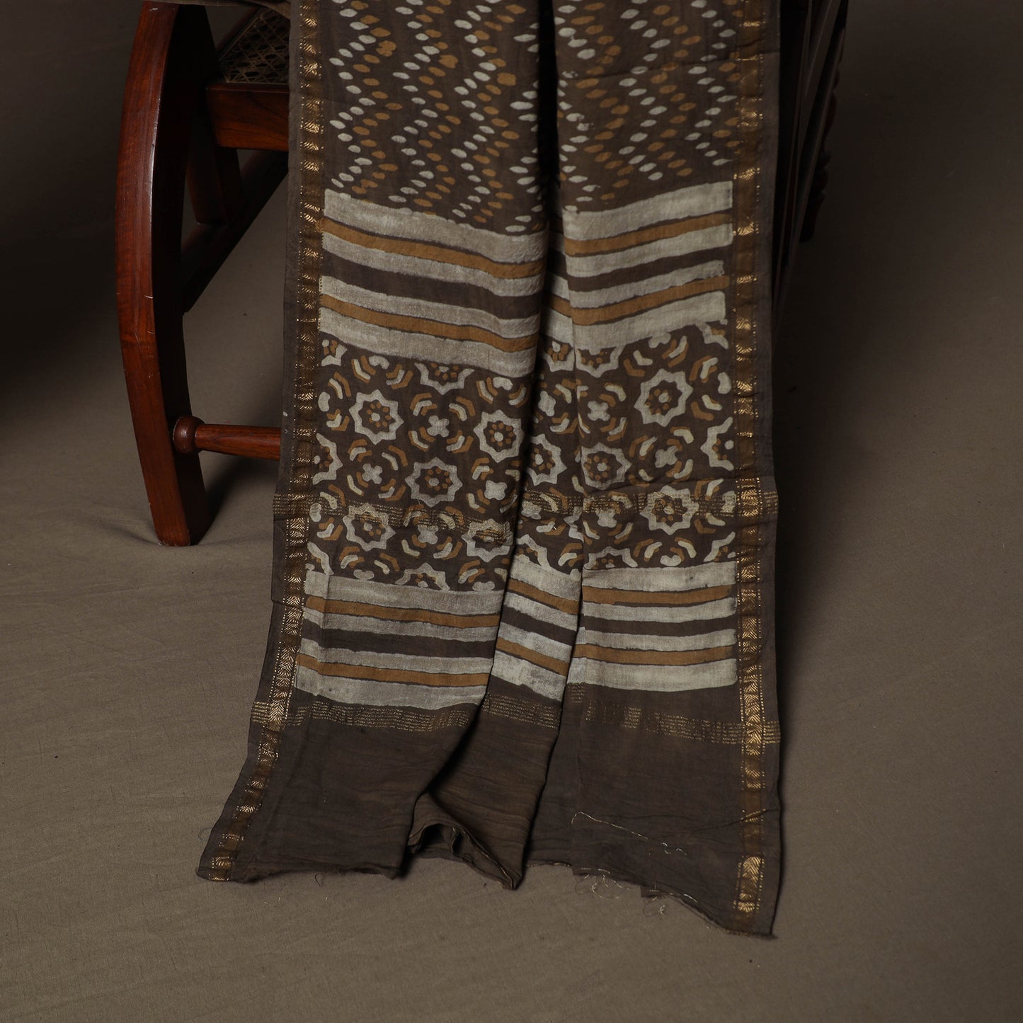 Brown - Natural Dyed Cotton 3pc Unstitched Akola Hand Block Print Dress Material Suit Set 07