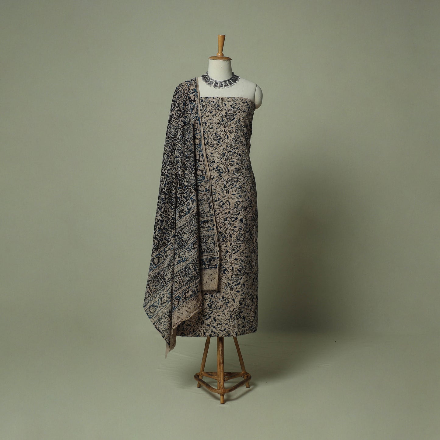 Pedana Kalamkari Hand Block Print Natural Dyed Cotton 3pc Unstitched Dress Material Suit Set 04