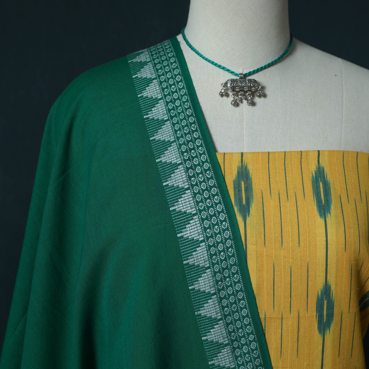 Pochampally Ikat Cotton 2pc Unstitched Dress Material Kurta Set with Jewellery Set 37