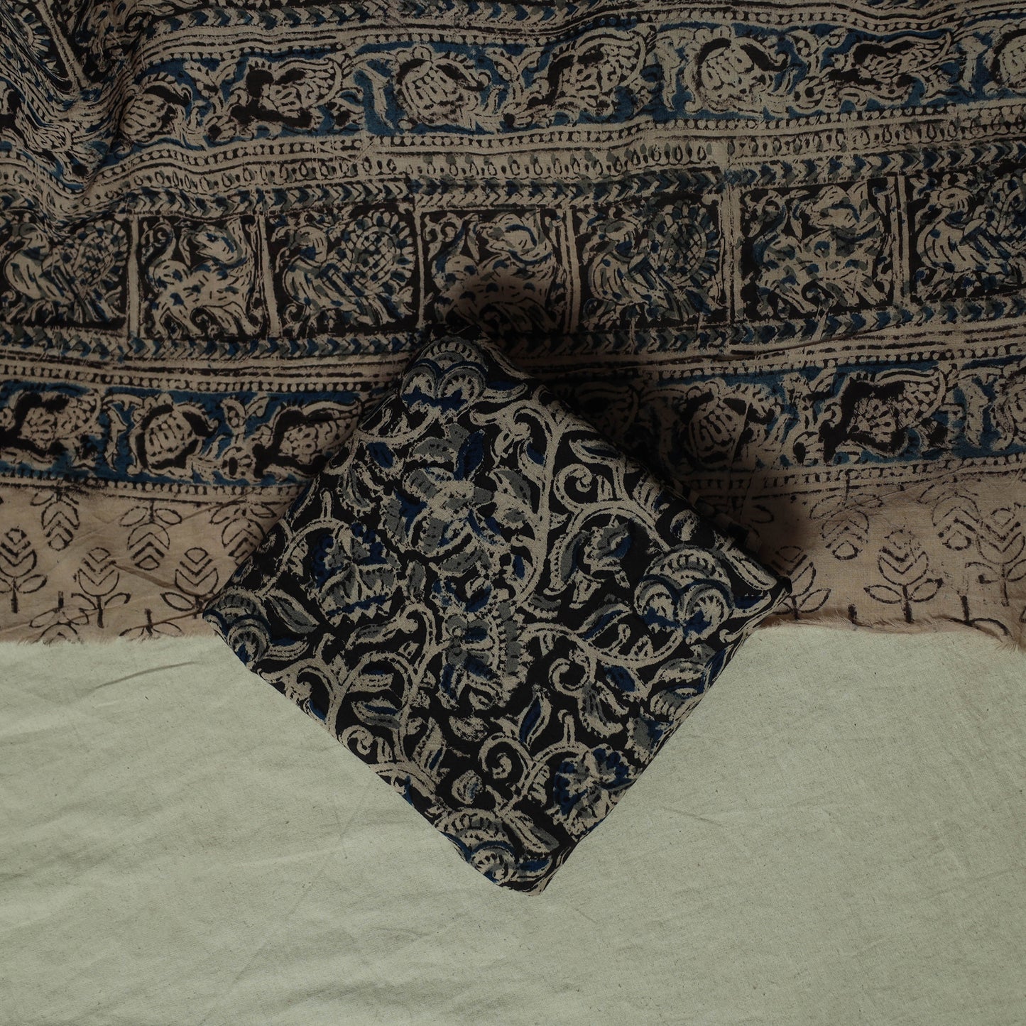 Pedana Kalamkari Hand Block Print Natural Dyed Cotton 3pc Unstitched Dress Material Suit Set 04