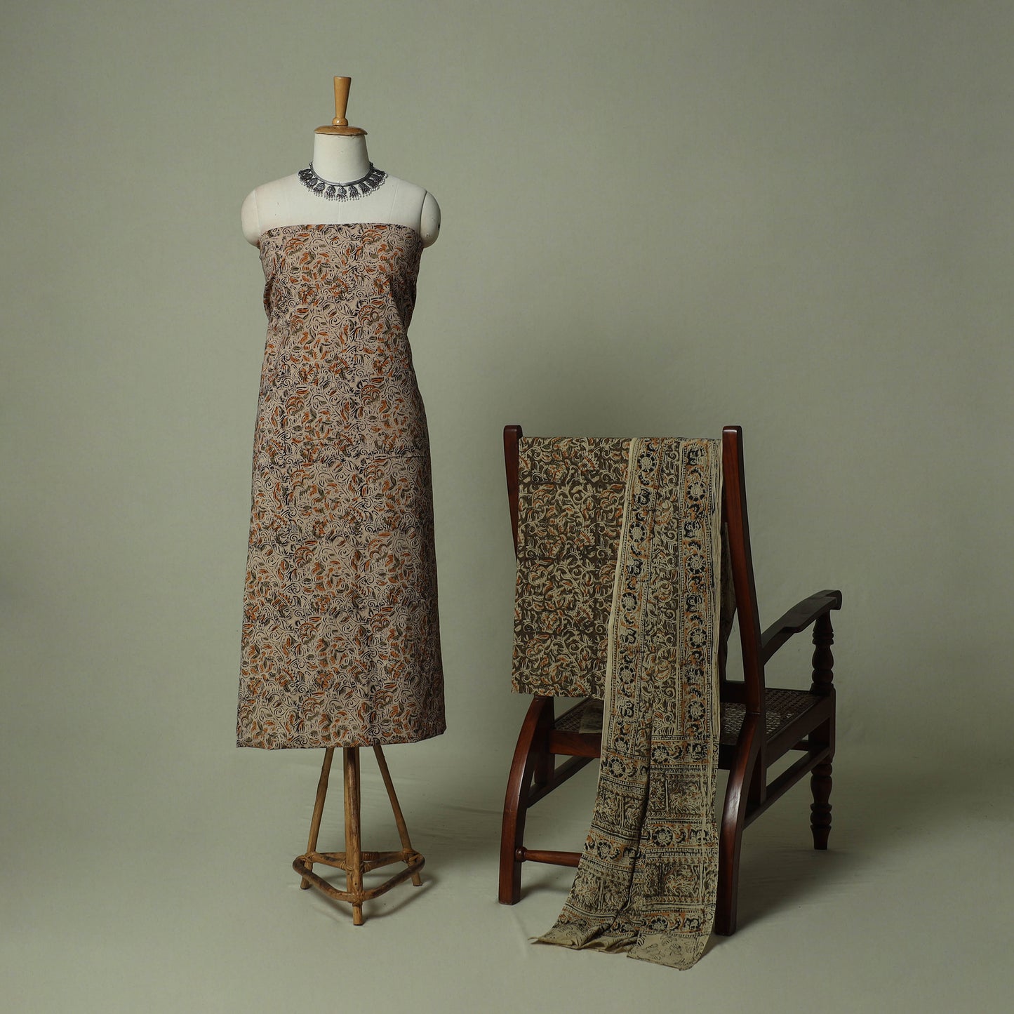 Pedana Kalamkari Hand Block Print Natural Dyed Cotton 3pc Unstitched Dress Material Suit Set 07